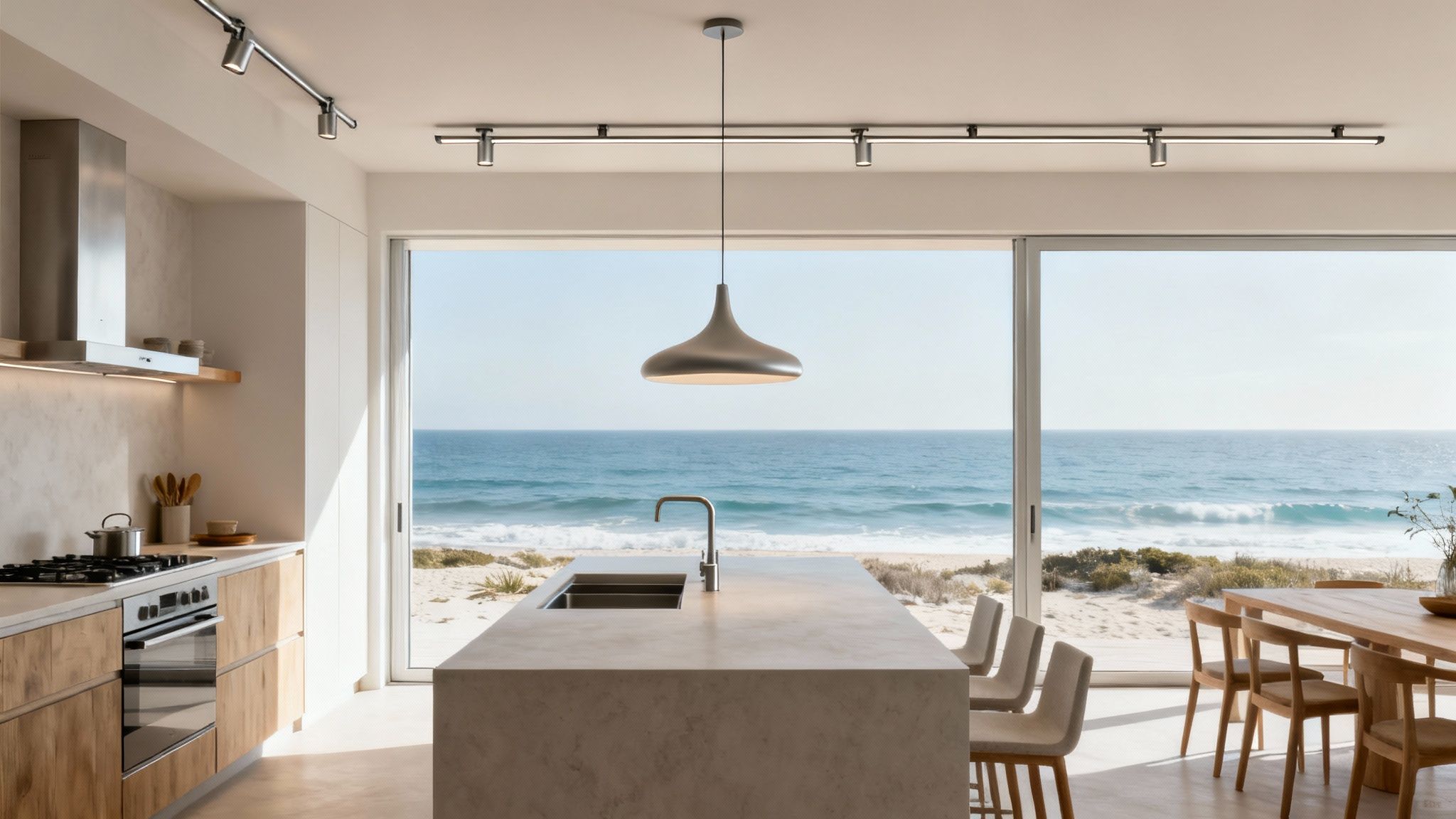 A modern coastal living room with a sculptural Tech Lighting pendant fixture over the seating area, enhancing the natural light from large windows.