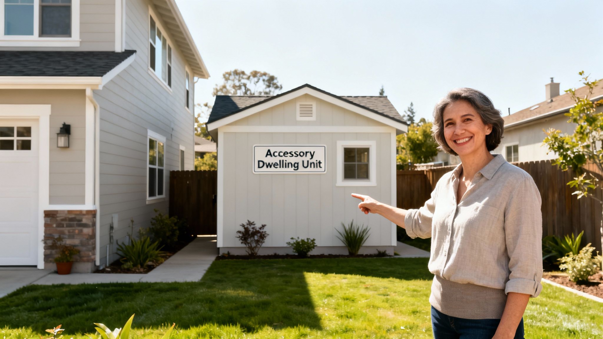 Smiling woman pointing at a small Accessory Dwelling Unit (ADU) next to a larger home.