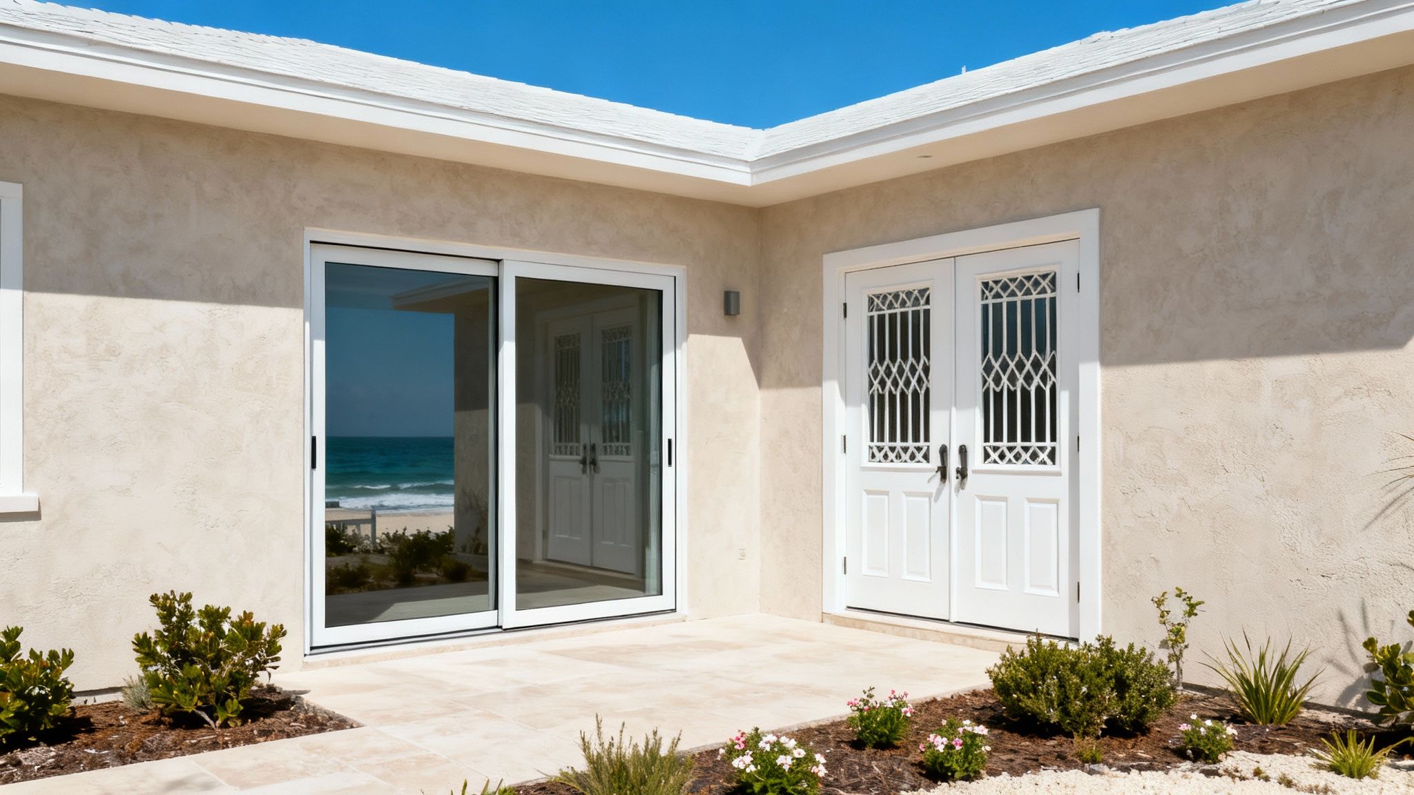 A beautiful home with French doors opening to a lush garden