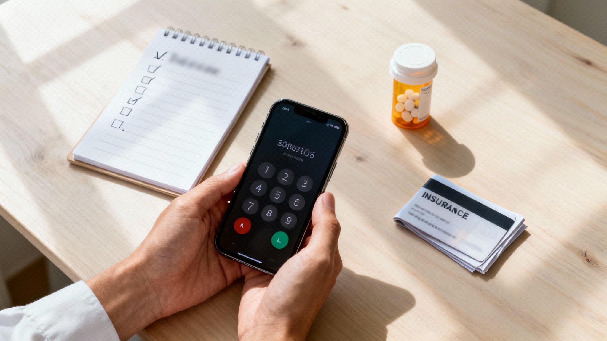 Hands dialing a number on a smartphone next to a checklist, pill bottle, and insurance papers.