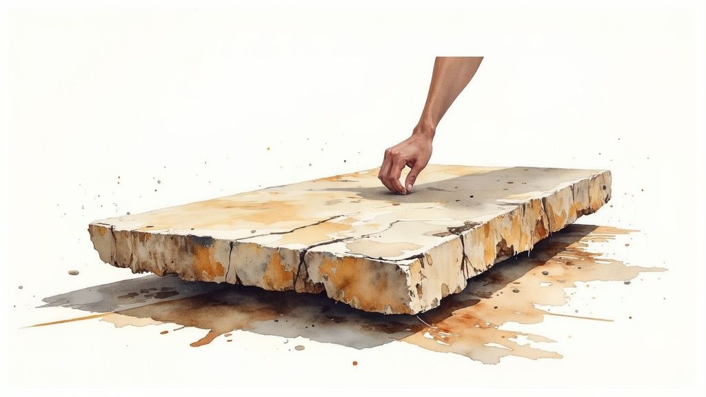 Watercolor painting of a hand gently touching a rough, cracked stone surface.