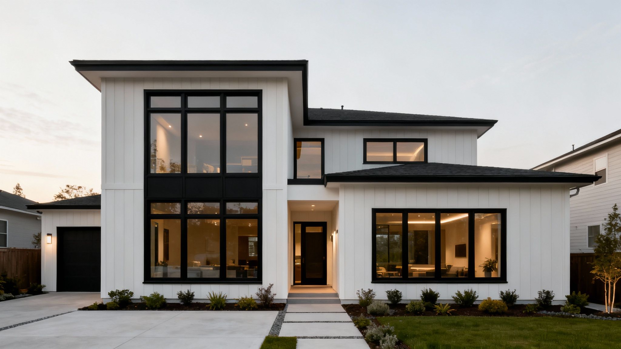 A striking modern white house with black-framed windows, a black front door, and a well-lit interior at dusk.