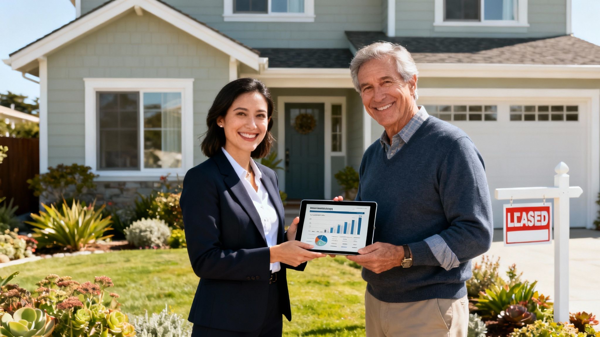 A smiling real estate agent and a client hold a tablet with financial data in front of a leased home.