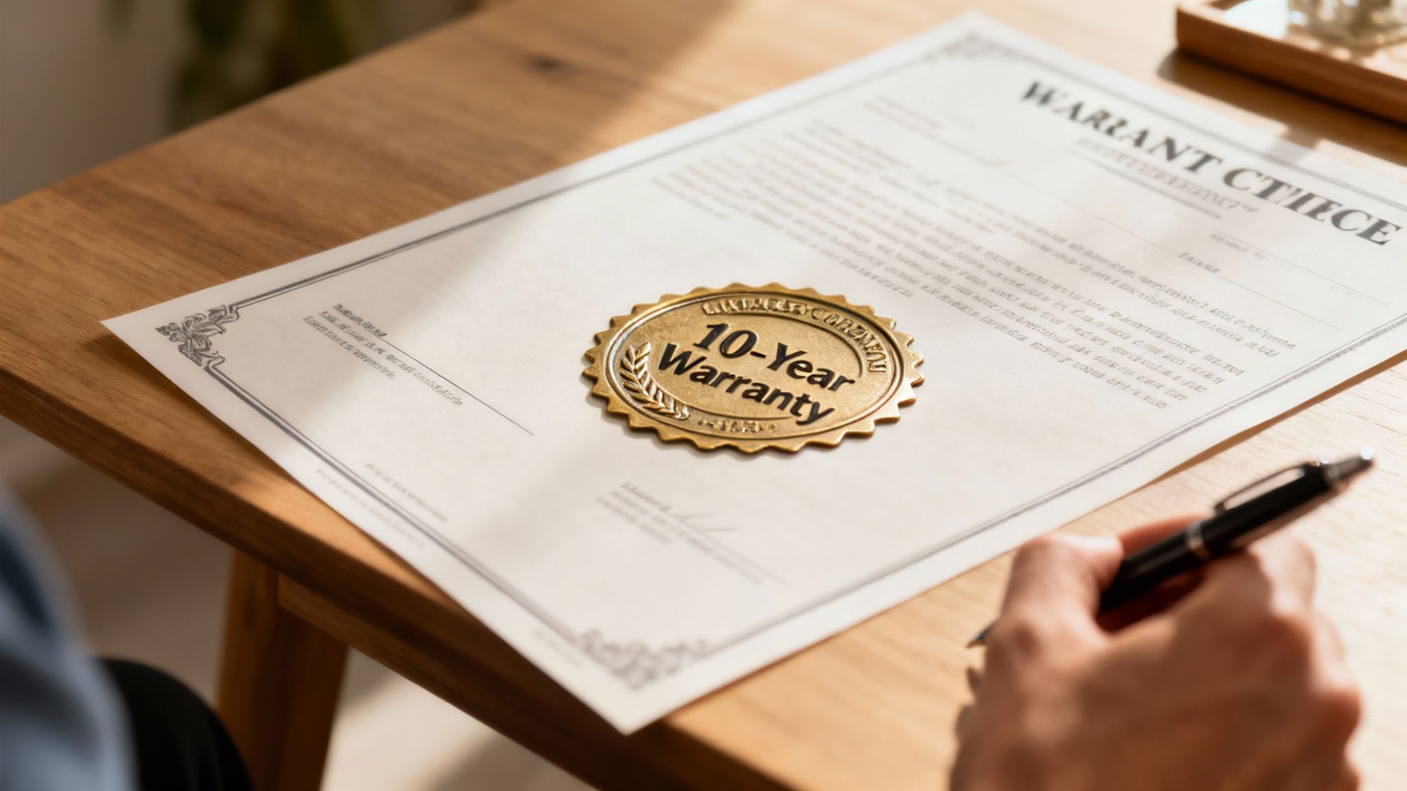 A close-up of a warranty document for new residential windows being reviewed.