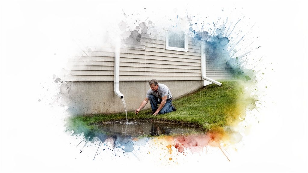Man kneels, inspecting water draining from a downspout onto poorly graded ground by a house.