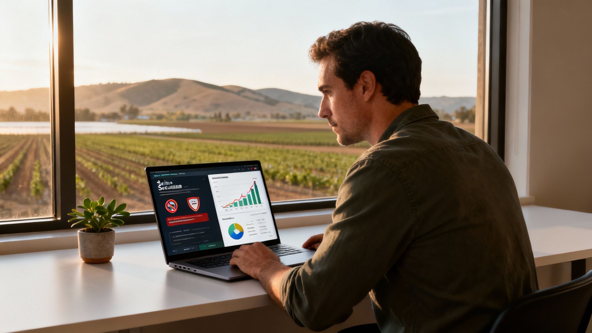 Man using laptop displaying a security dashboard by a window overlooking a vineyard at sunset.