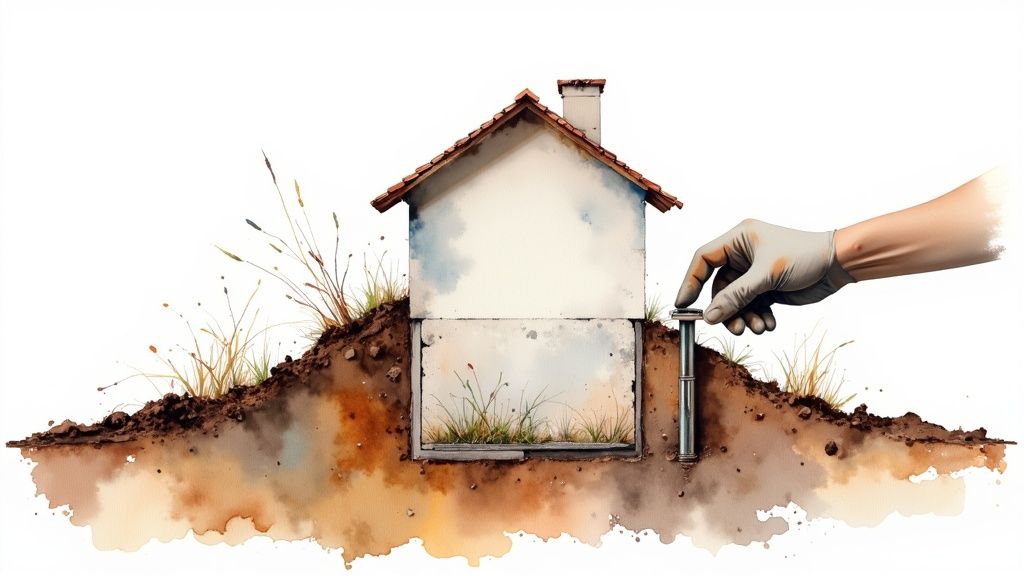 Watercolor illustration of a house with an underground basement and a hand in a glove checking a pipe.