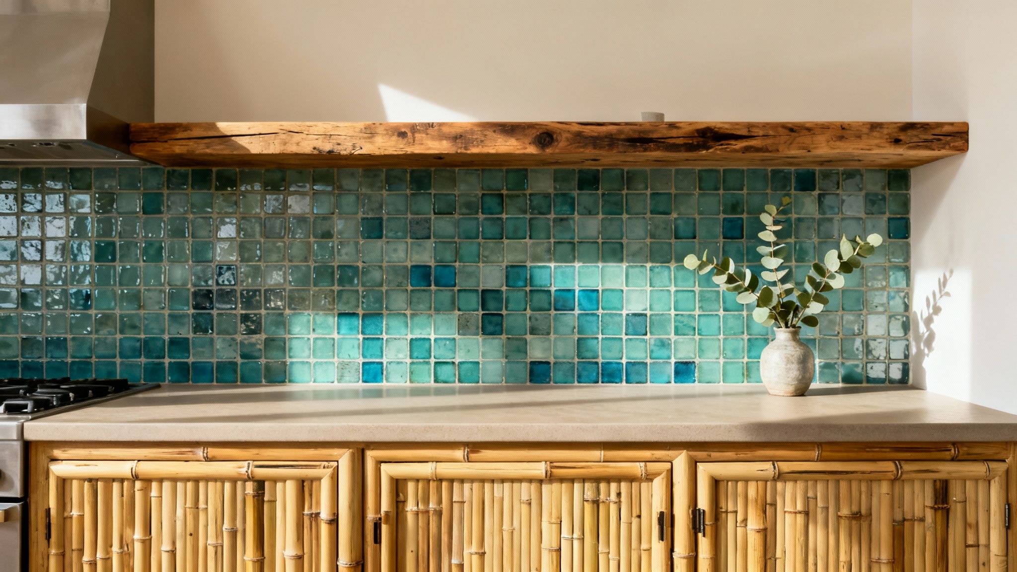 Sustainable Materials: Recycled Glass Backsplash and Reclaimed Wood