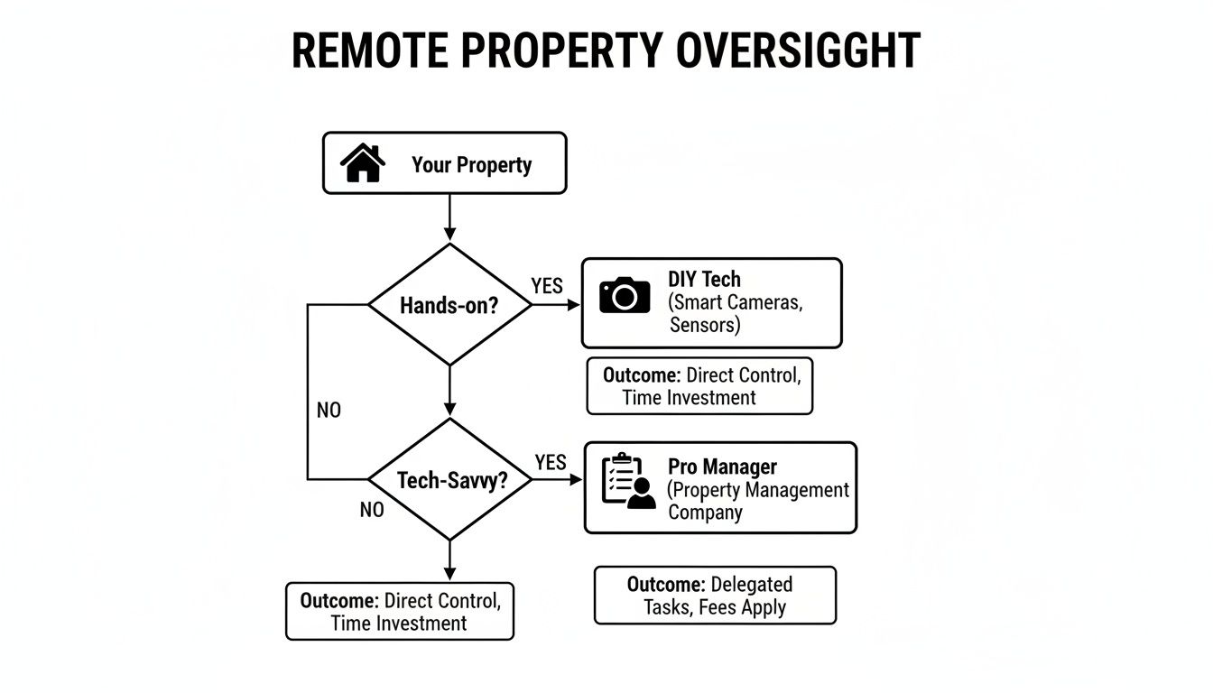 Flowchart illustrating choices for remote property oversight based on hands-on and tech-savvy preferences.