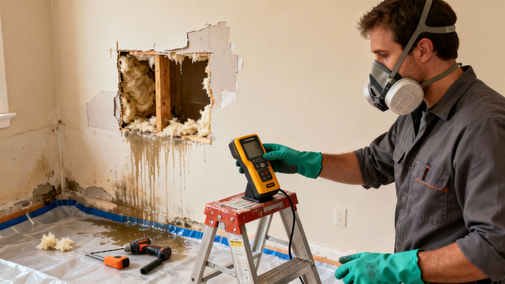 A masked professional inspects a wall with significant water damage and mold using a handheld meter.