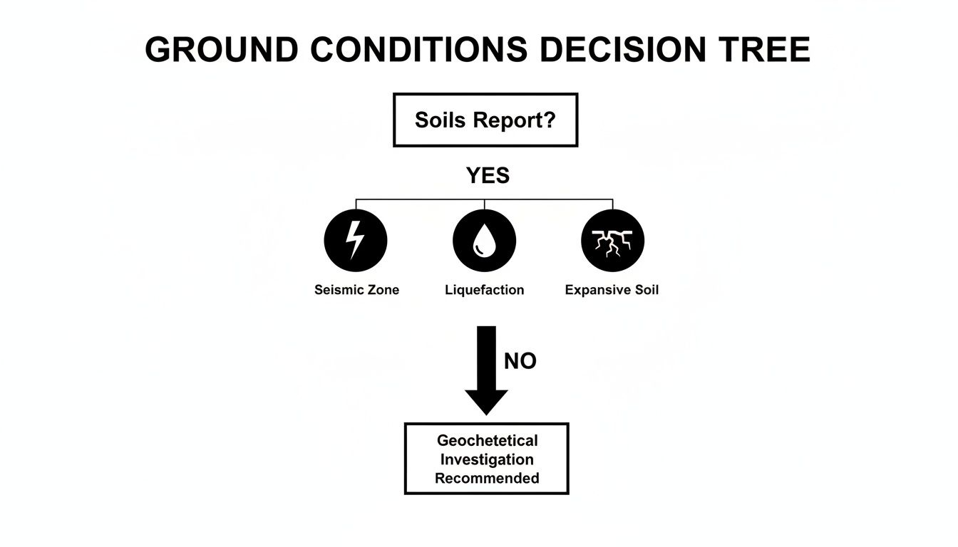 A ground conditions decision tree flowchart, assessing soils report, seismic zone, liquefaction, and expansive soil.