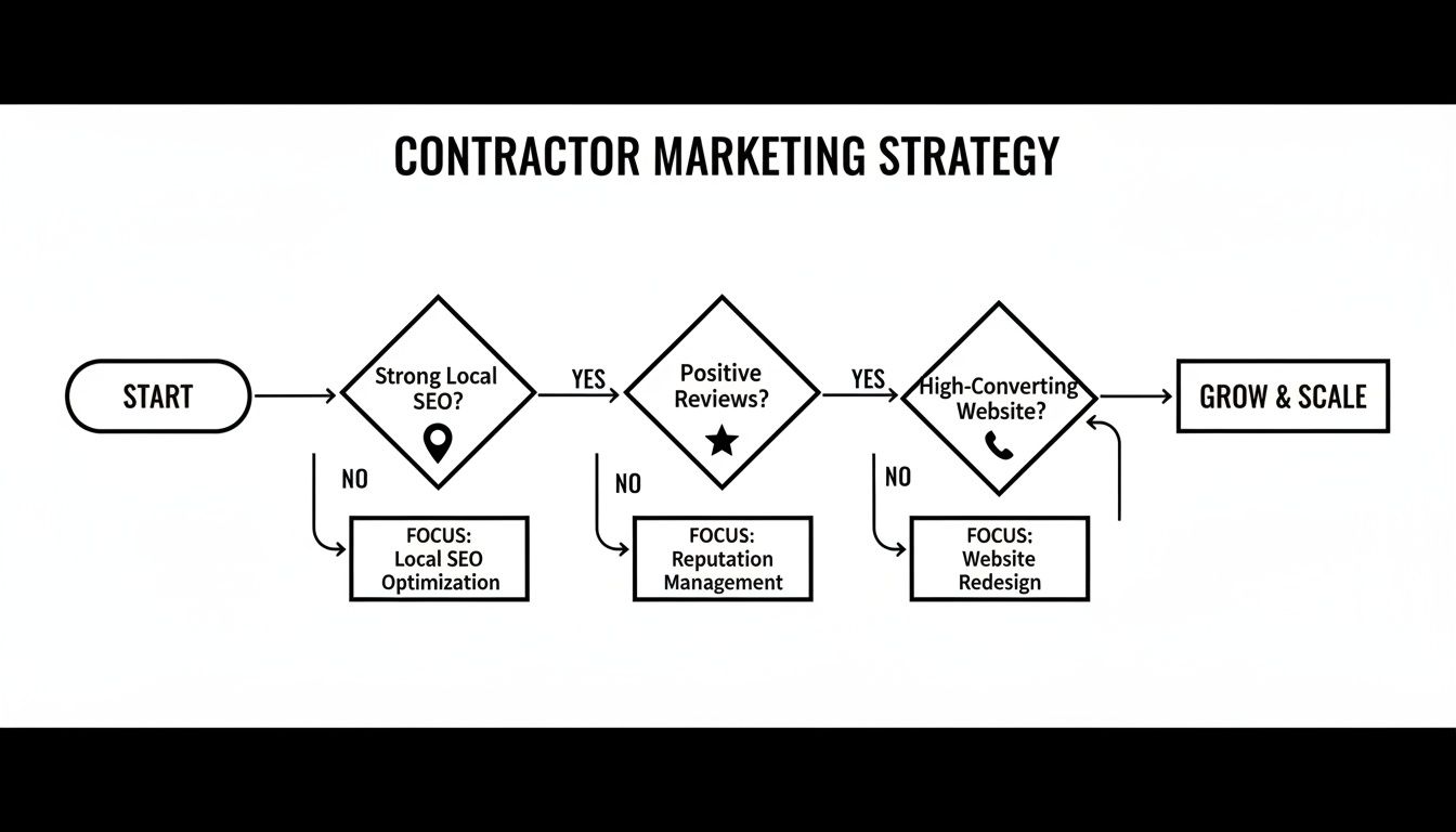 A flowchart illustrates a contractor marketing strategy with steps for local SEO, positive reviews, and website conversion.