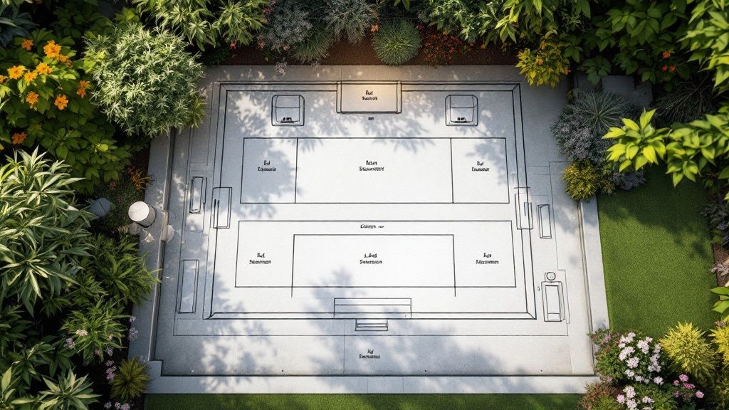 Outdoor speaker discreetly placed within a garden bed, blending seamlessly with the landscape.