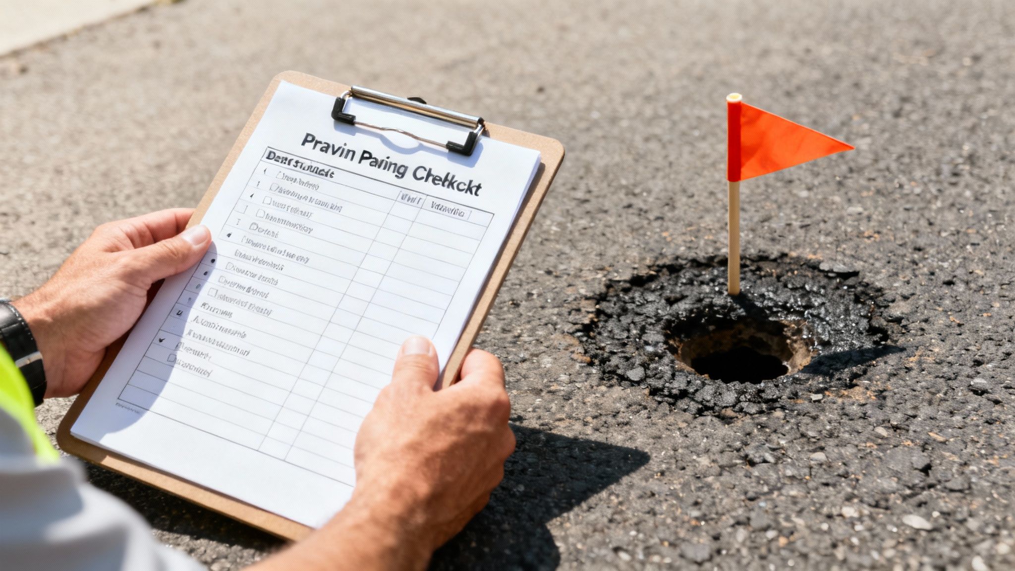 A close-up shot of asphalt with a measuring tape, indicating a pre-paving assessment.