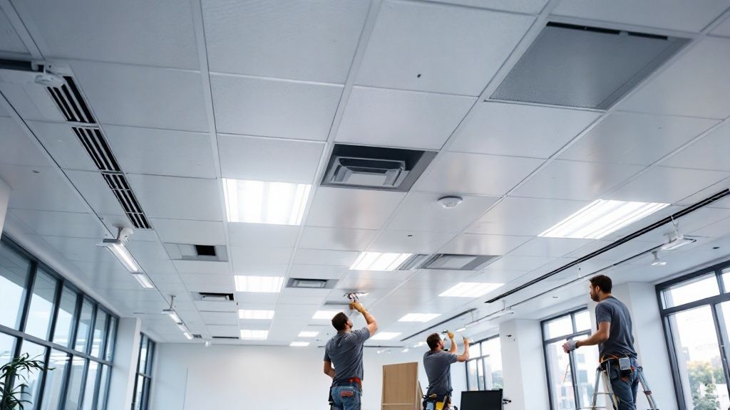 An installer holds a new LED retrofit kit, ready to upgrade an old ceiling fixture.