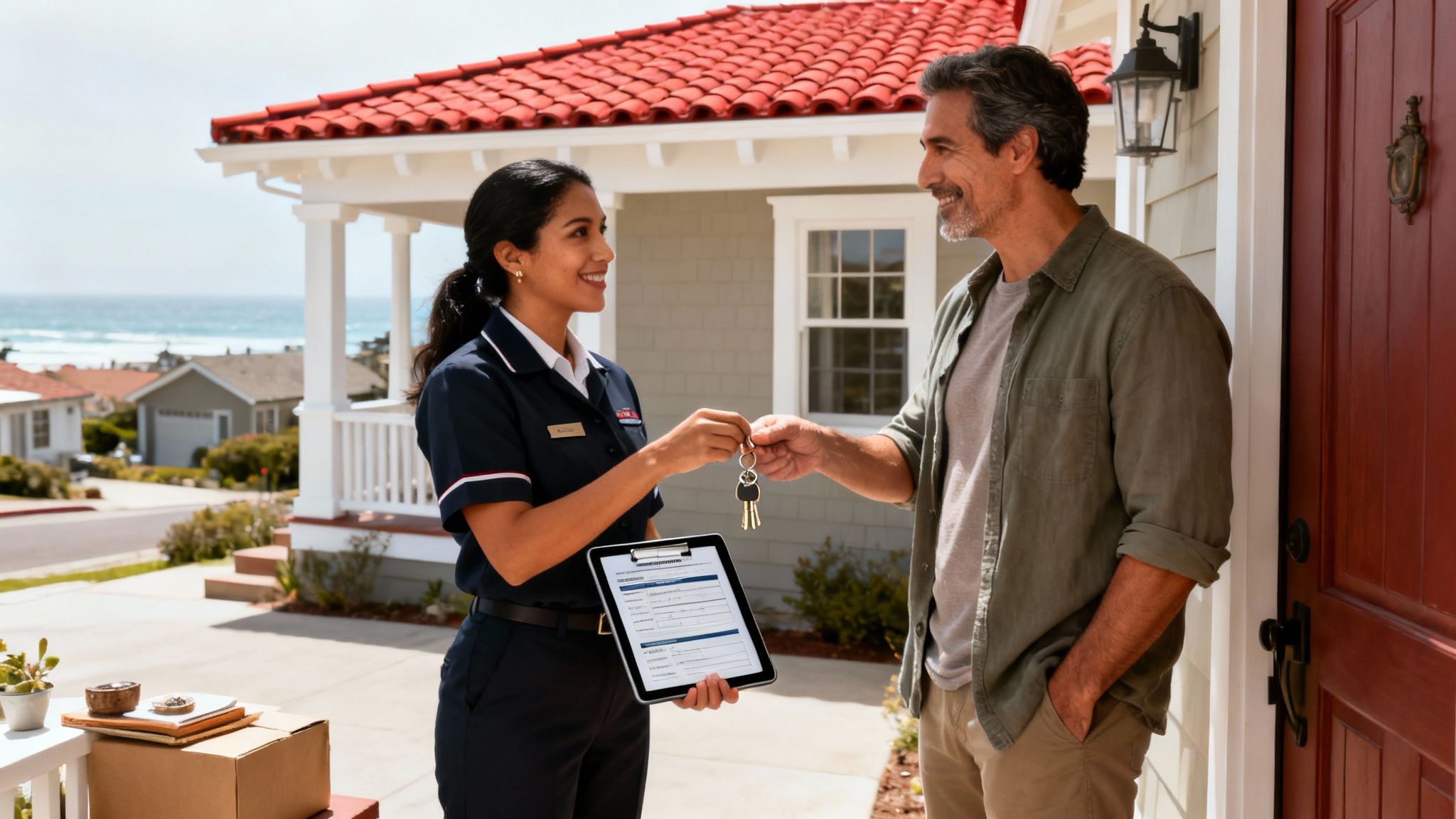 A smiling woman in uniform hands house keys to a man in front of a coastal home, ocean view.