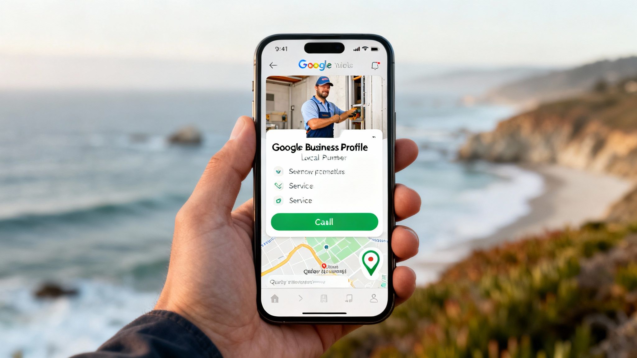Hand holding a smartphone displaying a Google Business Profile for a local plumber with a map, against a scenic ocean background.
