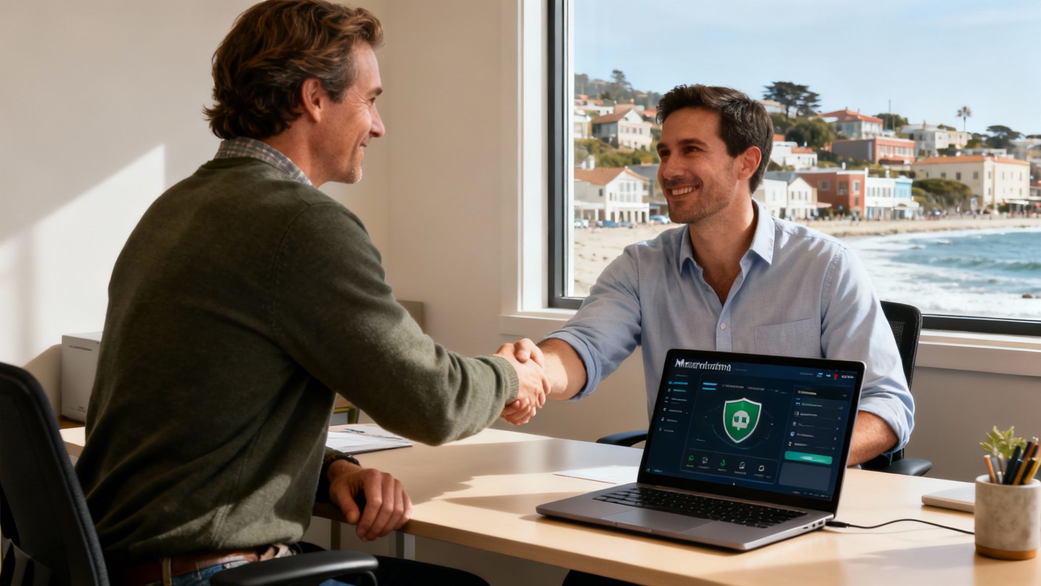 Two smiling men shake hands in a bright office, with a laptop and a scenic coastal town view.