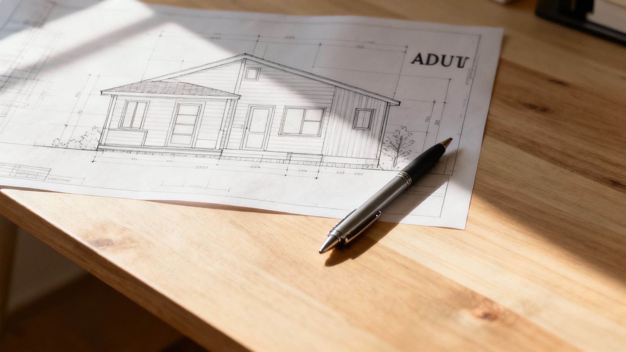 Blueprint plans for an ADU with a hard hat and measuring tape