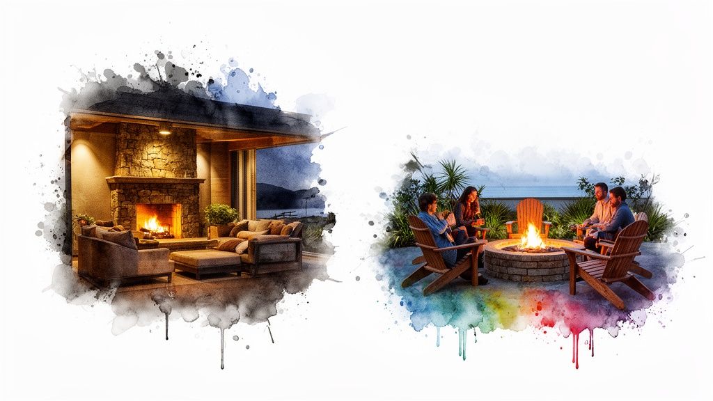A split image showcasing a cozy indoor stone fireplace and an <a href=