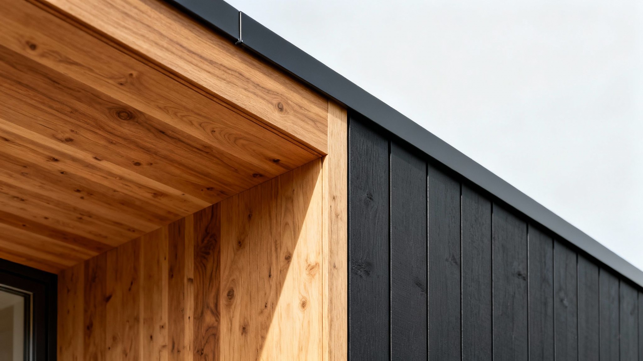 Bay Area Window Material Showdown: Pros, Cons & Costs 2 Modern building exterior featuring a natural wood soffit and dark vertical wood siding.
