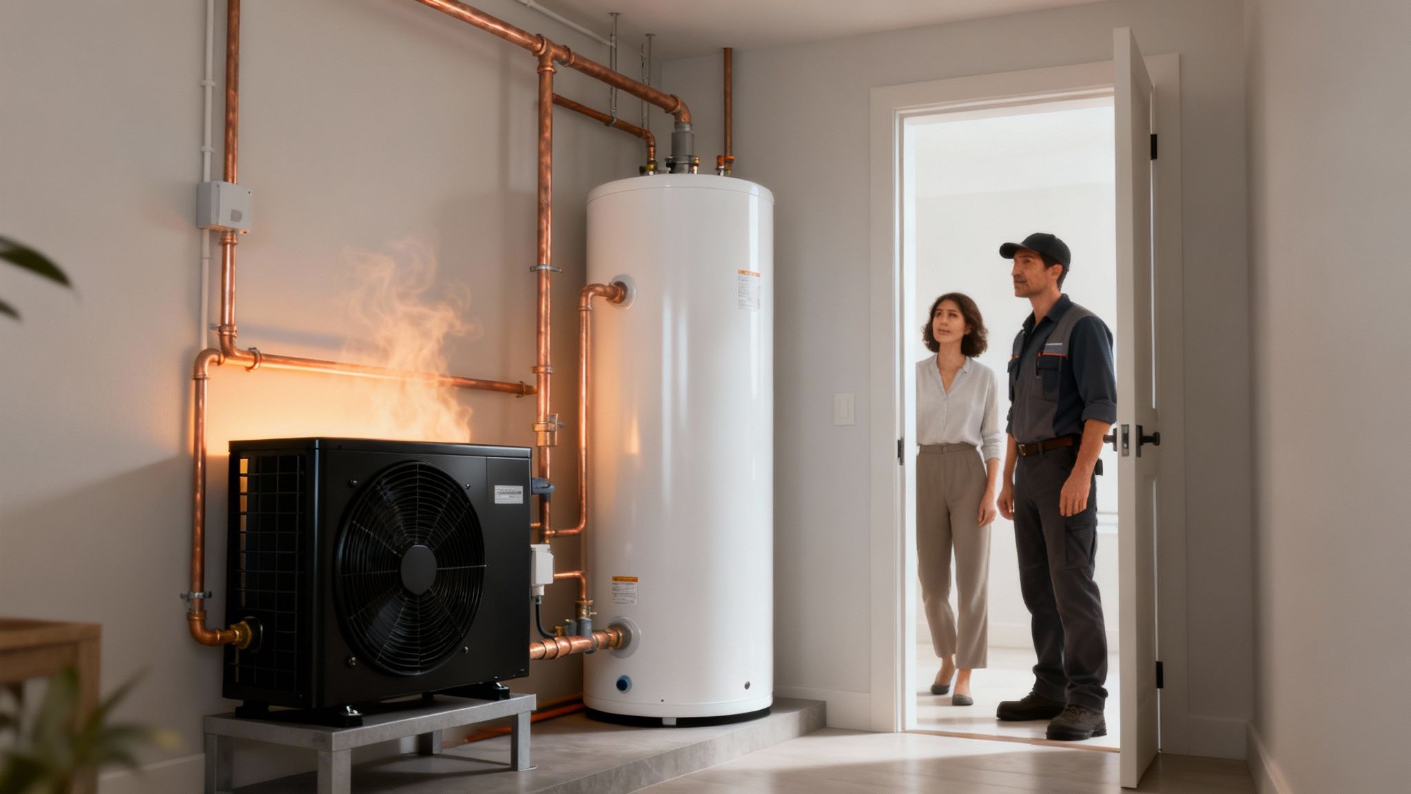 A homeowner and technician observe a new electric heat pump water heater system with copper piping.