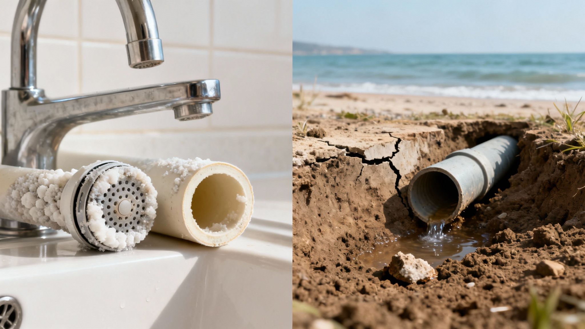 Split image showing hard water deposits on plumbing parts and a pipe leaking into cracked earth by the sea.