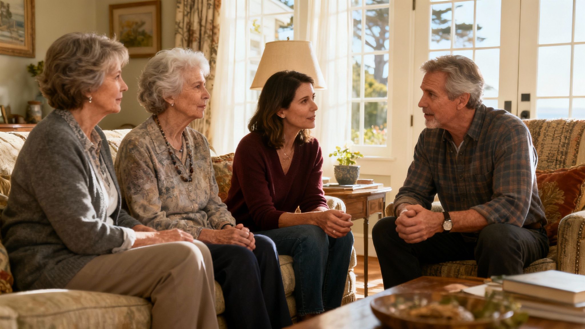 A compassionate nurse talking with an elderly patient in her home.