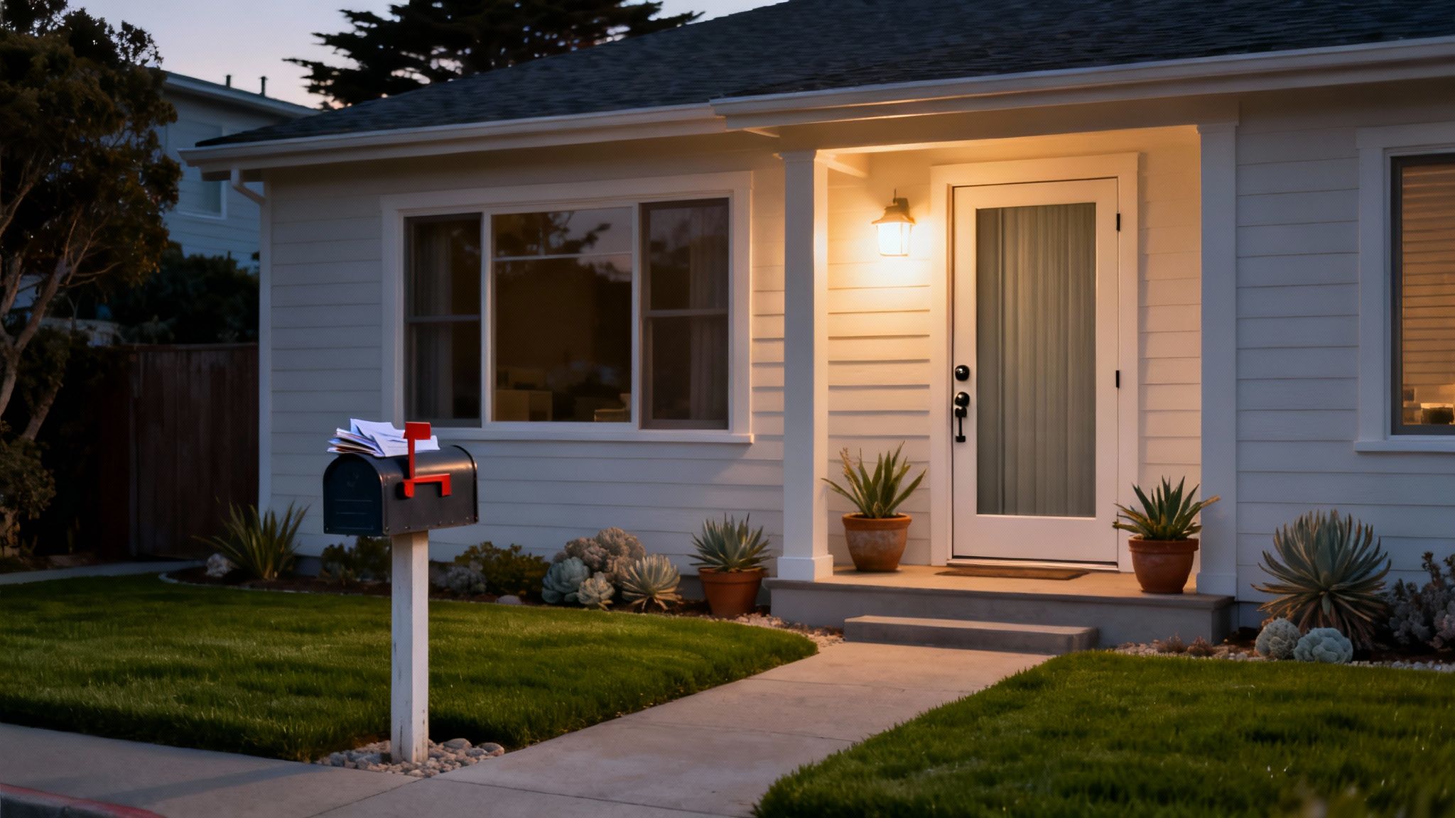 A cozy white house at dusk with a lit porch, a walkway, and an overflowing mailbox.