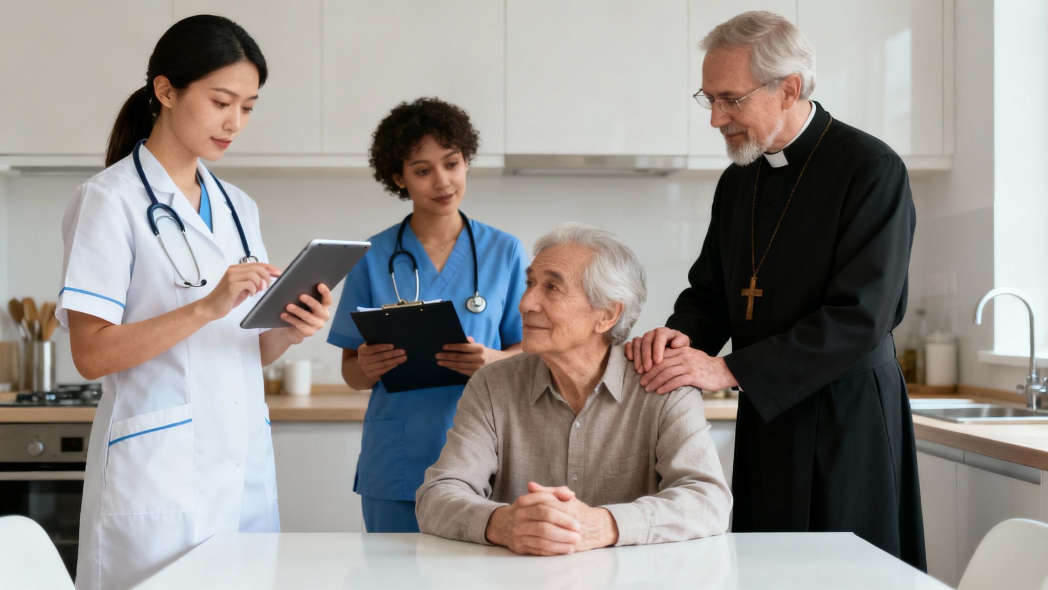 A compassionate nurse speaks with an older woman in a comfortable home setting, showing the supportive nature of an in-home care team.