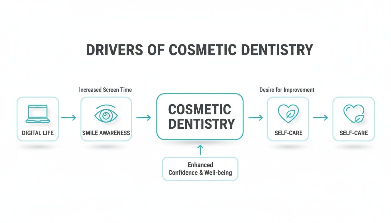 Flowchart illustrating the drivers of cosmetic dentistry, linking digital life, smile awareness, and self-care.