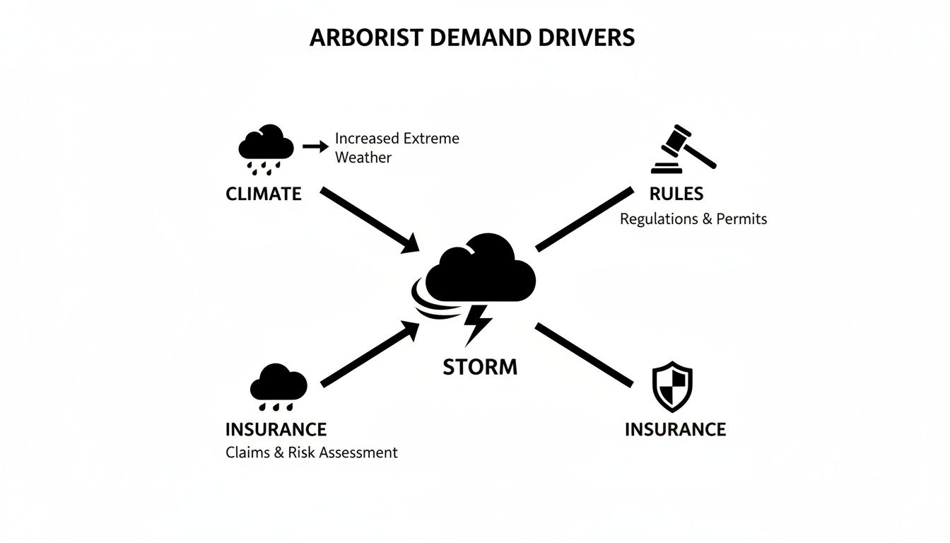 A diagram illustrates how climate, rules, and insurance converge to drive a surge in arborist demand, especially after storms.