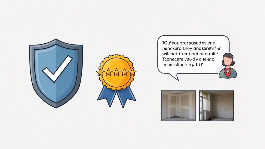 A shield with a checkmark, a gold medal with stars, a speech bubble with an avatar, and two images of unfinished room interiors.