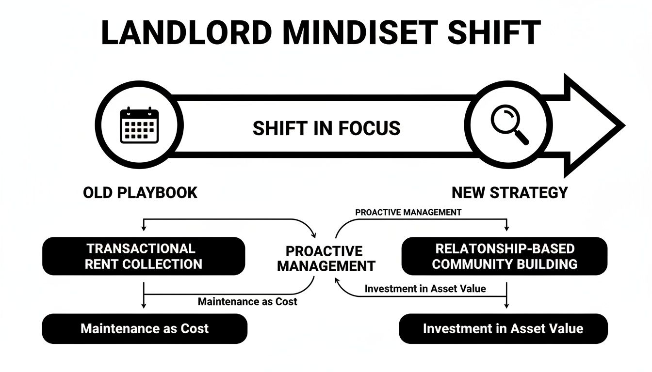 Infographic detailing the landlord mindset shift from transactional rent to relationship-based community building and asset investment.
