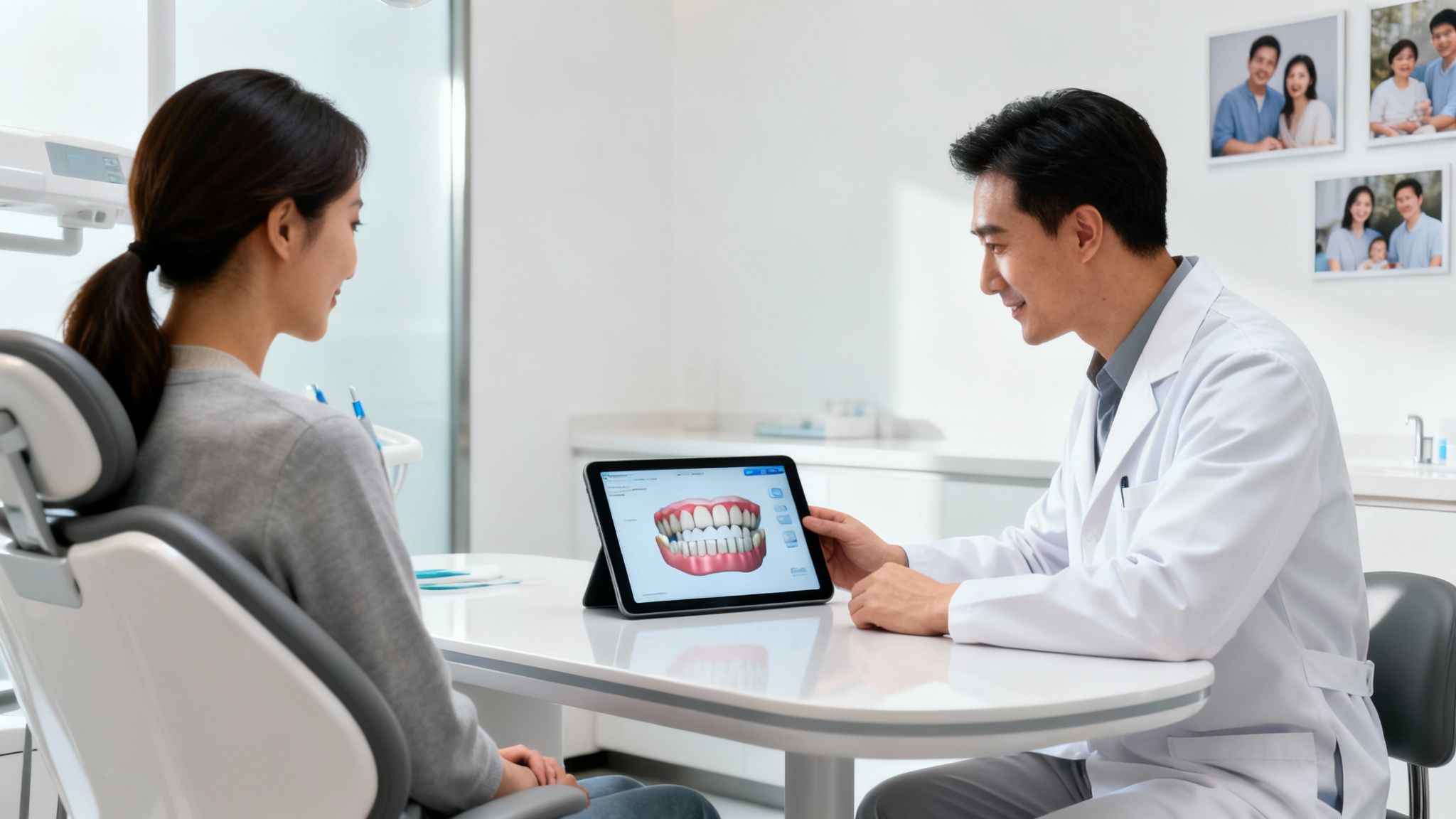 Dentist explaining a 3D teeth model on a tablet to a female patient in a modern dental office.