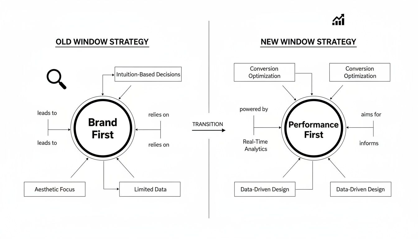 Flowchart showing evolution from Brand First (intuition, aesthetic, limited data) to Performance First (analytics, data-driven) strategies.