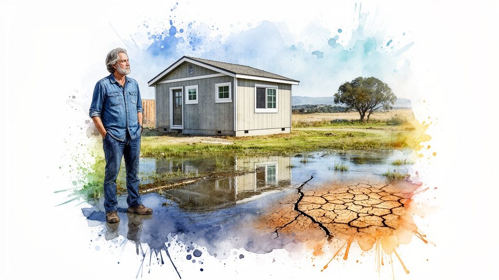 A man stands by a small house next to contrasting water and cracked, dry land.