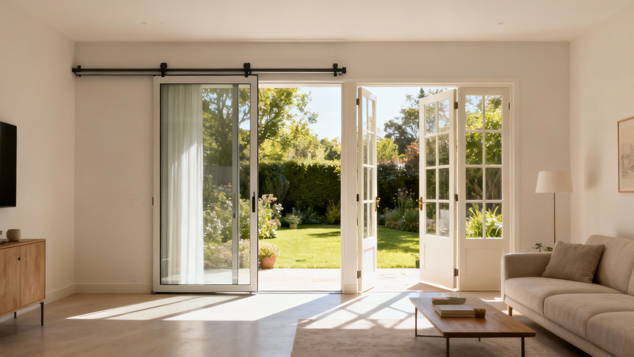 French doors opening to a well-furnished patio.