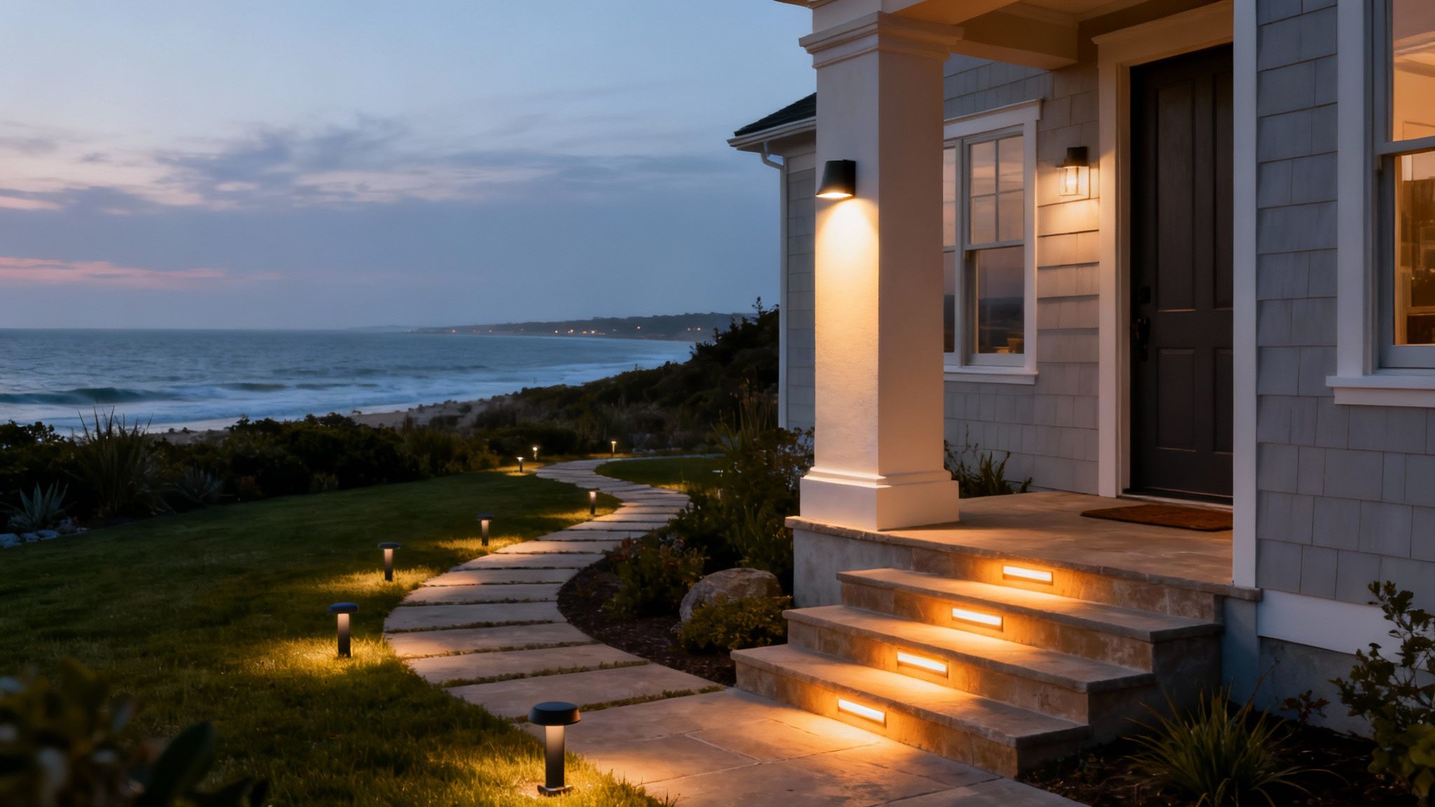 A coastal home at dusk with warm exterior lighting on the pathway, steps, and house.
