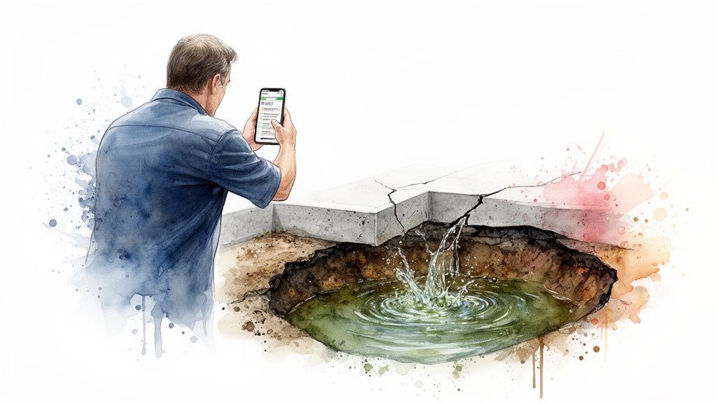 Man photographs a broken concrete structure with a water-filled sinkhole and splashing water, indicating a leak.