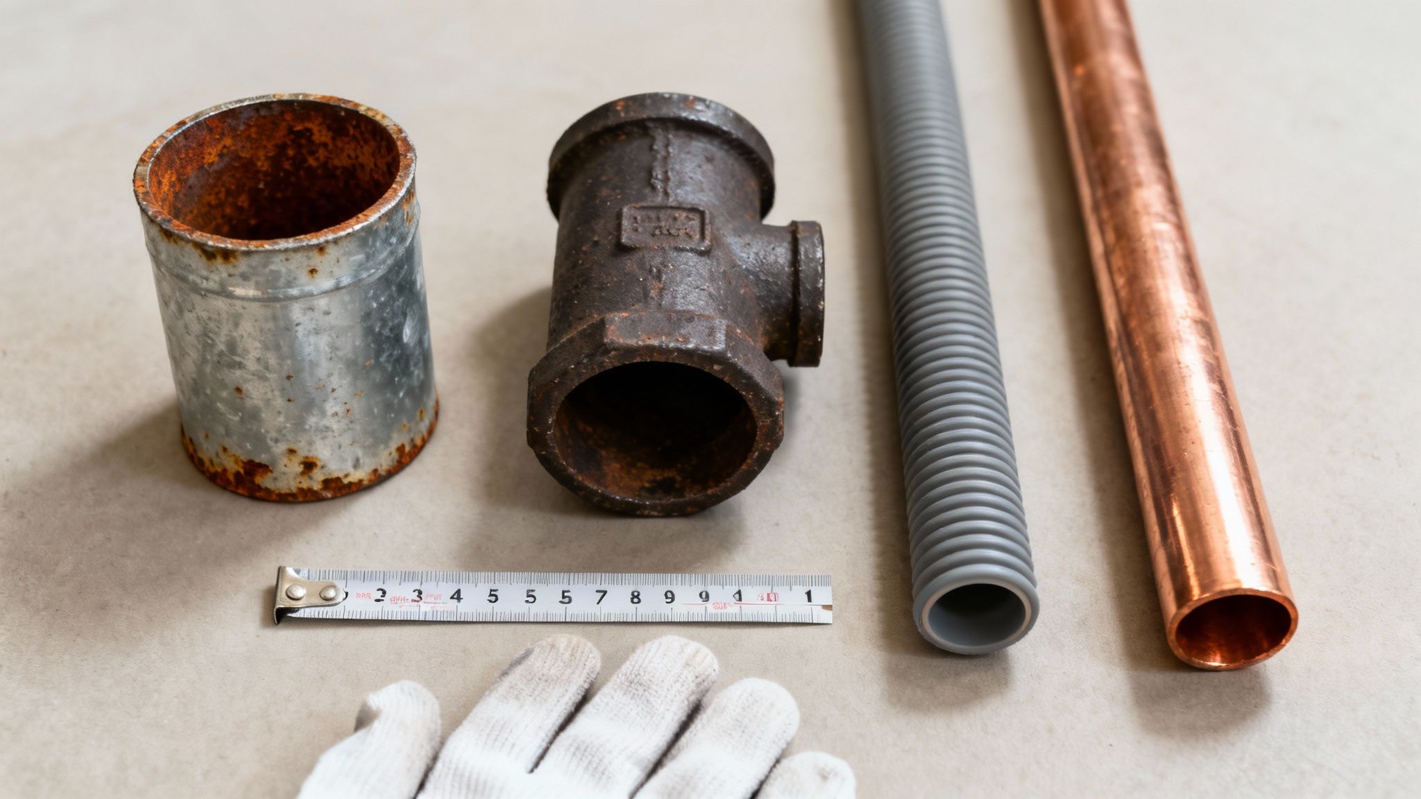 Various old and new plumbing pipes, a fitting, measuring tape, and work gloves on a surface.
