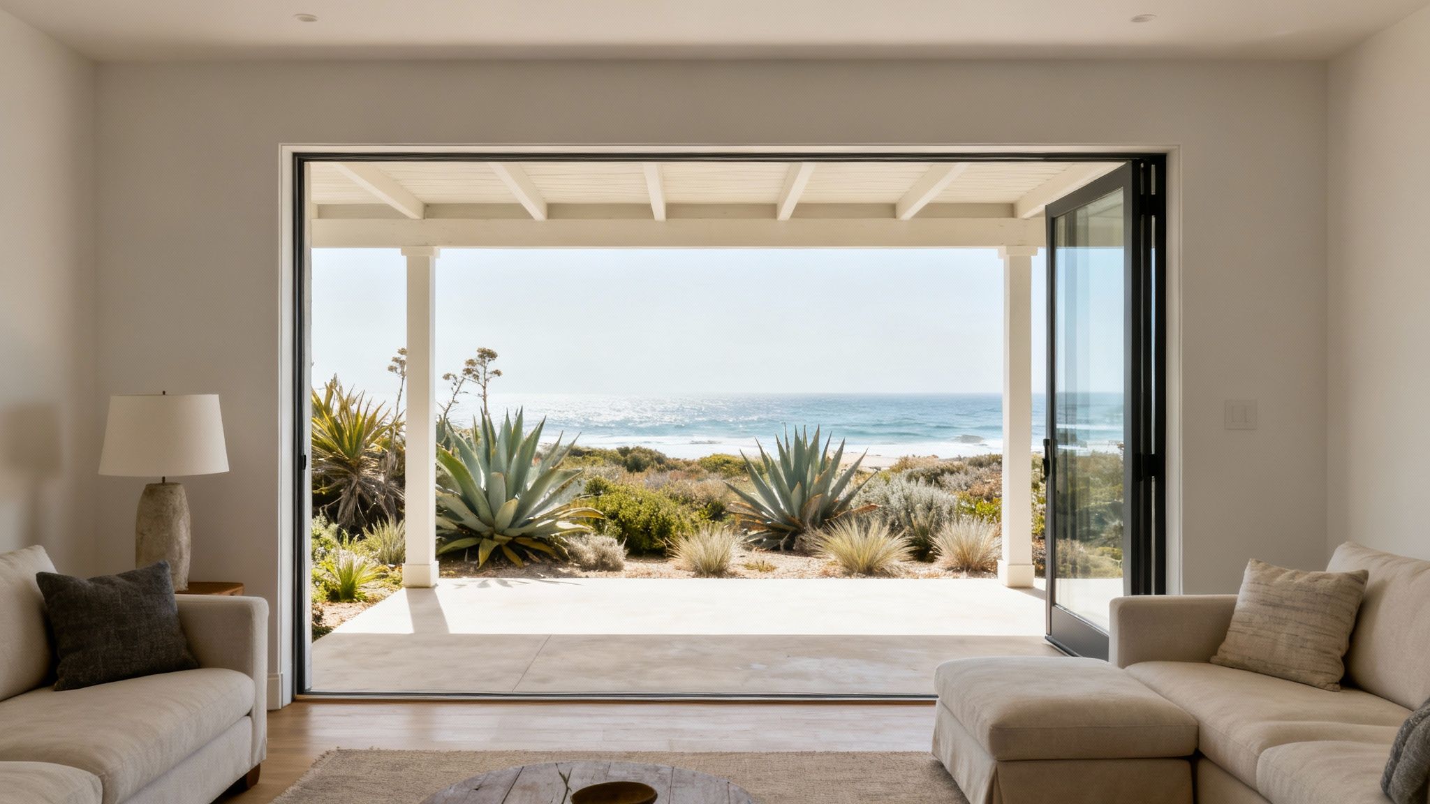 A beautiful indoor-outdoor living space with large glass doors opening to a patio.