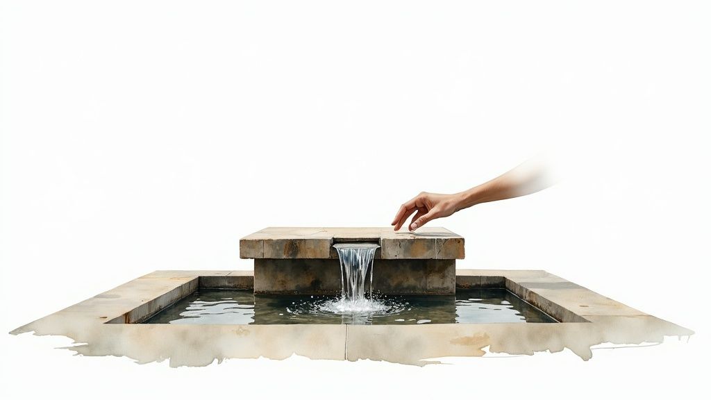 A hand gently touches a minimalist stone water fountain with cascading water against a clean white background.