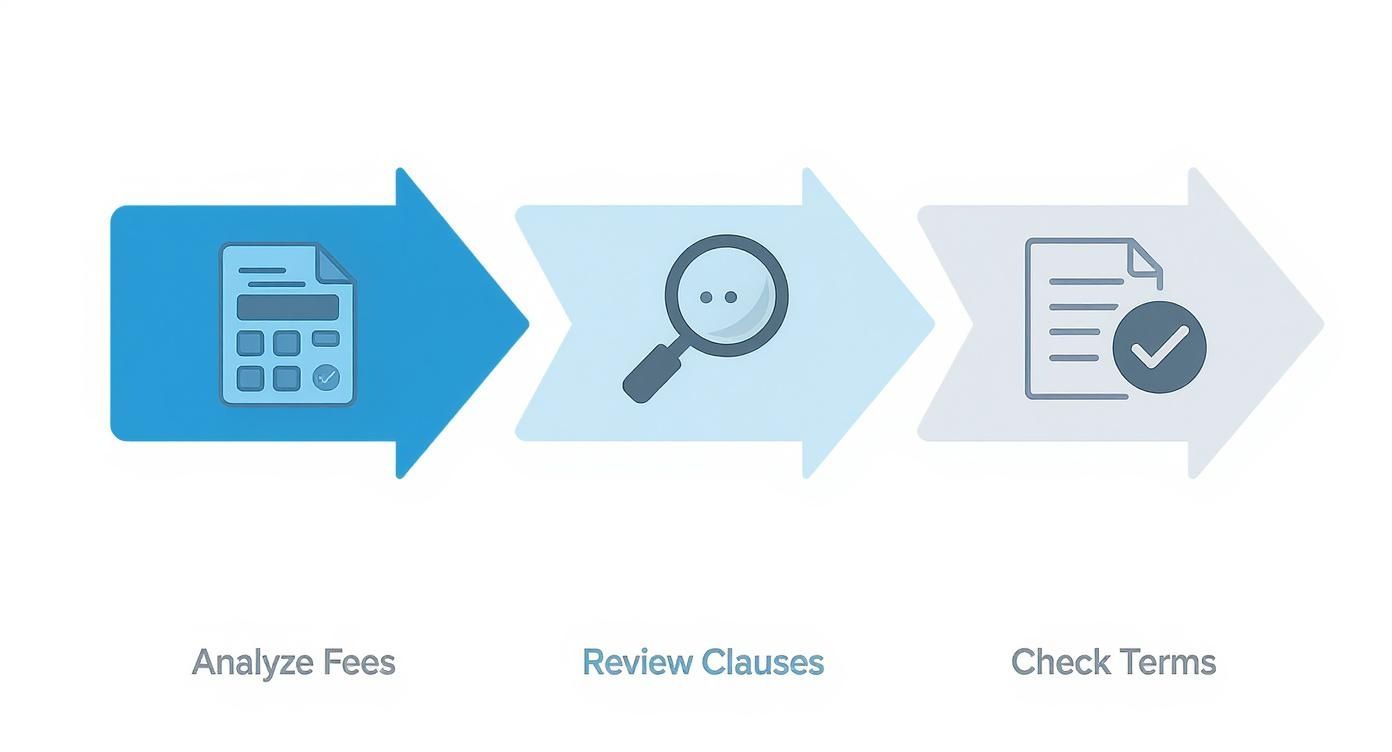 A visual guide illustrating three steps: analyze fees, review clauses, and check terms.