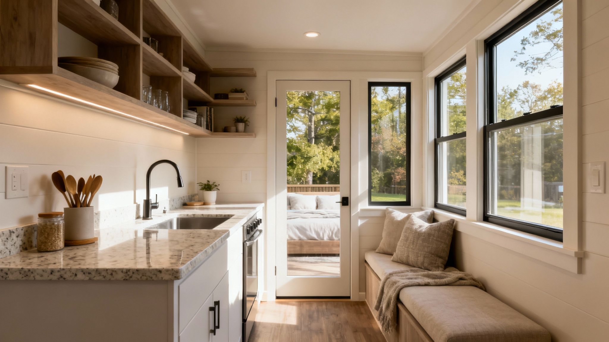 A stylish ADU interior showing an open-concept kitchen with quartz countertops and large windows letting in natural light.