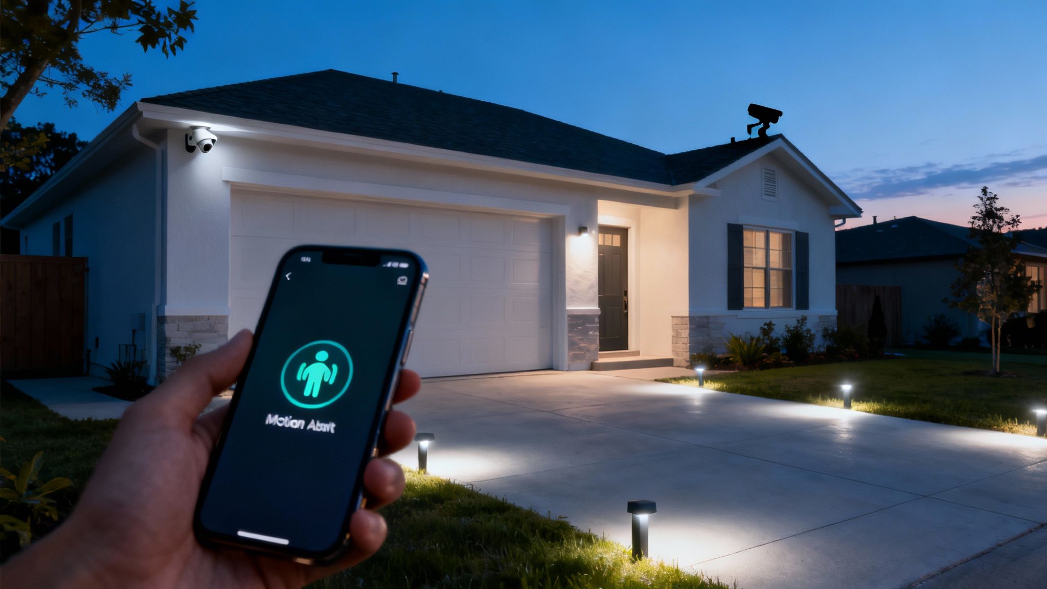 Smart home security system with motion alert notification controlling outdoor pathway lighting at dusk
