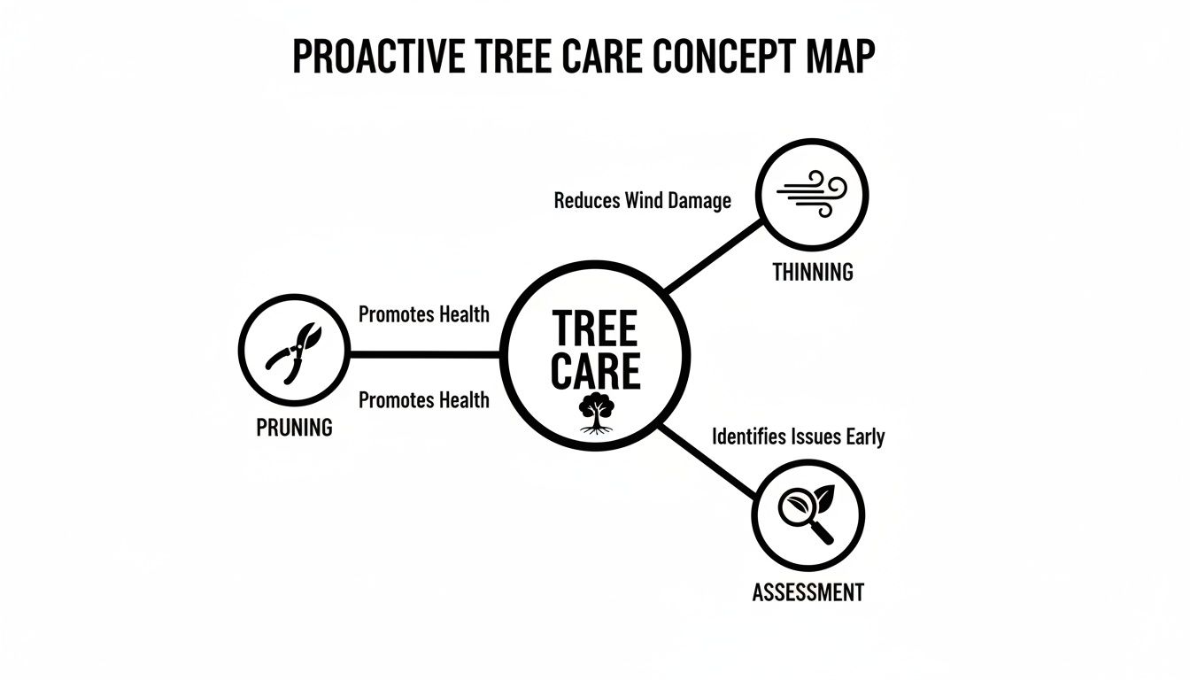 Concept map illustrating proactive tree care benefits, including pruning, thinning, and assessment.