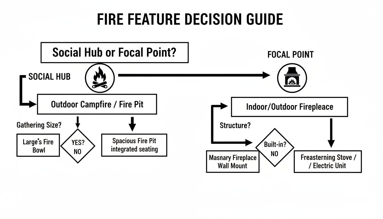 A flowchart decision guide for choosing between various fire features based on purpose and structure.