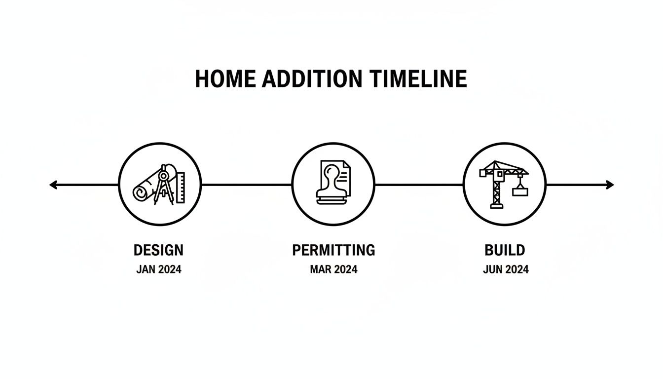 Home addition timeline illustrating design, permitting, and build stages with start dates from Jan to Jun 2024.