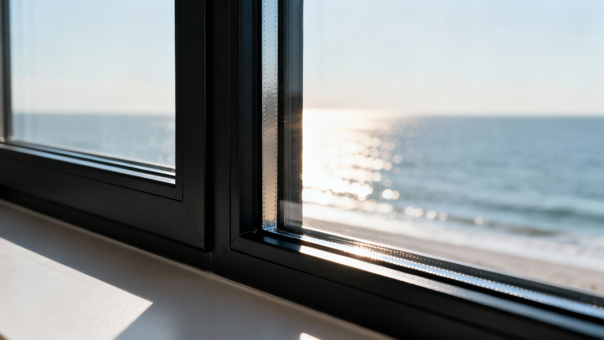 A close-up of a modern black window frame offering a bright, sparkling ocean view.